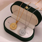 Vintage Engraved round Compass Shape Zircon Pendant Necklace 18K Gold Plated Stainless Steel Necklace