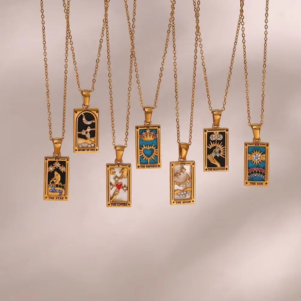 Trendy Square Colorful Enamel Zircon Tarot Cards Pendant Necklace 18K Gold Plated Stainless Steel Necklaces for Women