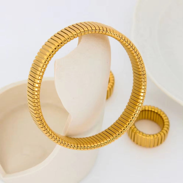 12Mm Thick Chunky Stainless Steel Elastic Bracelet Rings Jewelry Set Men Women Stylish PVD Gold Plated Ornaments