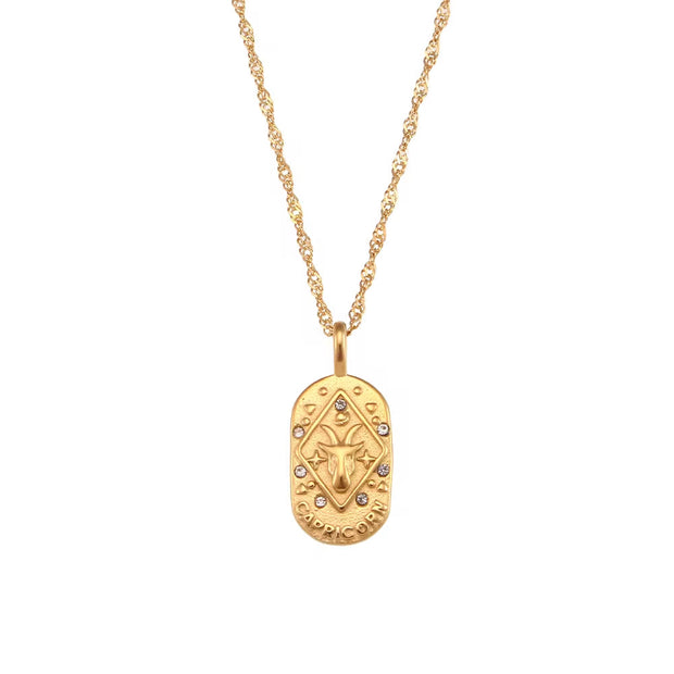 Vintage Embossment 12 Zodiac Signs Zircon Pendant Necklace 18K Gold Plated Stainless Steel Necklace for Women