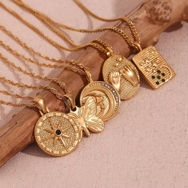 Valentine'S Day Jewelry Engraved Tarot Pendant Necklace 18K Gold Plated Stainless Steel Jewelry Set