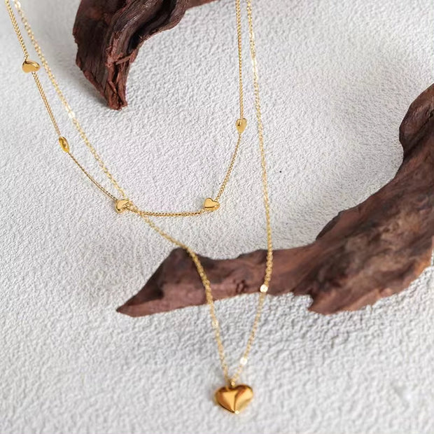 Wholesale Custom Fashion Jewelry 18K Gold Plated Stainless Steel Double Layer Dainty Heart Pendant Necklace for Women