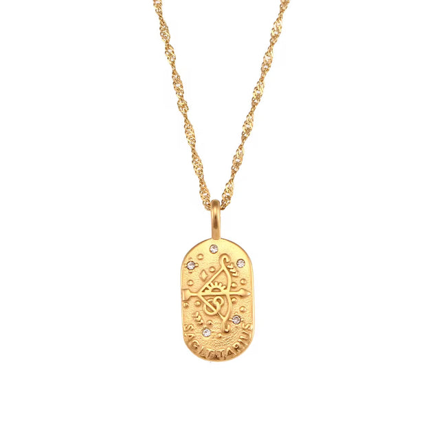 Vintage Embossment 12 Zodiac Signs Zircon Pendant Necklace 18K Gold Plated Stainless Steel Necklace for Women