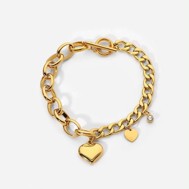 18K Gold Plated OT Buckle Cubic Zircon Heart Stainless Steel Chunky Cuban Chain Bracelet