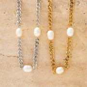 Vintage Pearl Charm Cuban Link Chain Bracelet 18K Gold Plated Stainless Steel Chain Bracelet