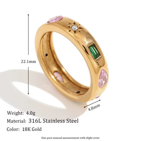 Valentines Day Gift 2024 Colorful Zircon Signet Ring Gold Plated Stainless Steel Rings Women