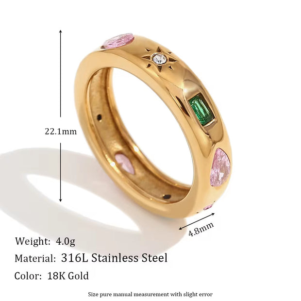 Valentines Day Gift 2024 Colorful Zircon Signet Ring Gold Plated Stainless Steel Rings Women