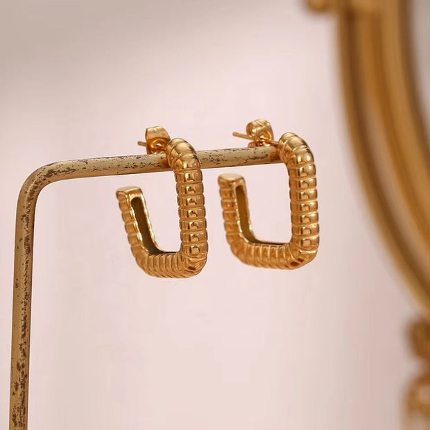 Vintage Gold Plated Texture Geometric Hoop Earring Non Tarnish 316L Stainless Steel Hoop Earring