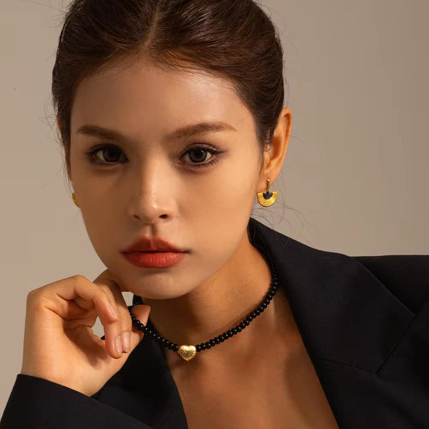 18K Gold Plated Stainless Steel Gift Black Obsidian Beads 3D Dimensional Heart Pendant Choker Necklace Women