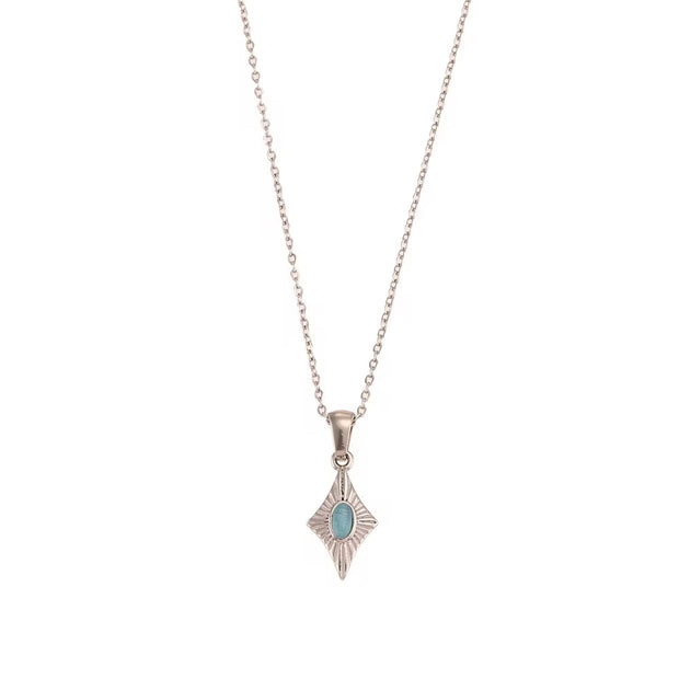 Vintage Engraved Rhombic Colorful Man-Made Opal Pendant Necklace 18K Gold Plated Stainless Steel Necklace Design Jewelry