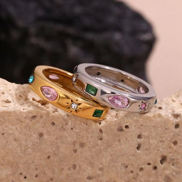 Valentines Day Gift 2024 Colorful Zircon Signet Ring Gold Plated Stainless Steel Rings Women