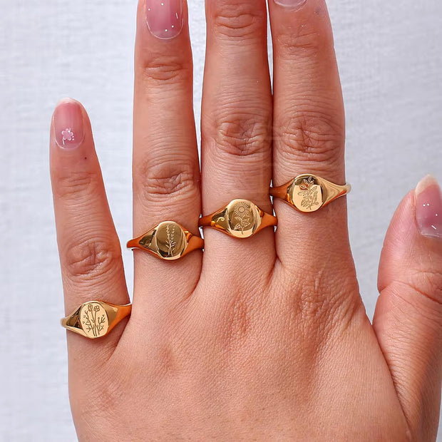 Tarnish Free Sunflower Signet Rings Set PVD 18K Gold Plated Stainless Steel Chunky Rings, Women Jewelry