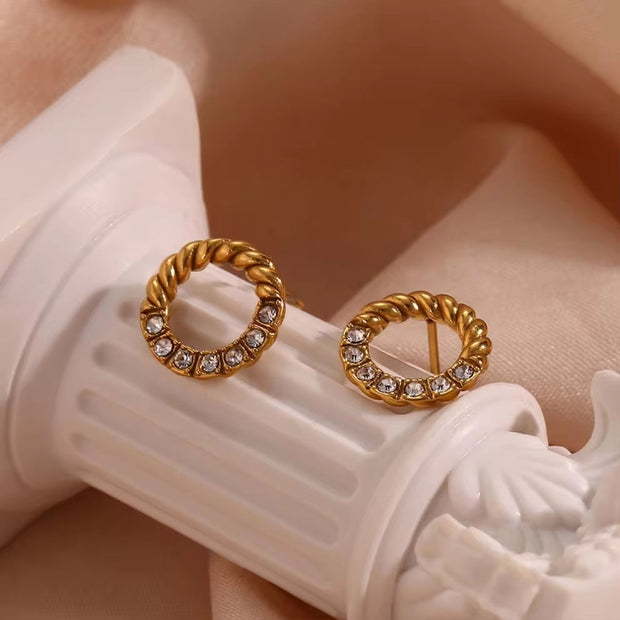 Vintage Twisted Zircon & Pearl Stud Earring 18K Gold Plated Stainless Steel Earring Women Jewelry