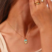 Vintage Oval Shape Enamel Sun Star Design Pendant Necklace Tarnish Free 18K Gold Plated Stainless Steel Necklace