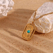 Vintage Tarnish Free Square Sunburst Turquoise Pendant Necklace 18K Gold Plated Stainless Steel Necklace