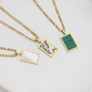 Tarnish Free Square Pendant 18K Gold Plating White & Green & Abalone Shell Figaro Chain Stainless Steel Necklace