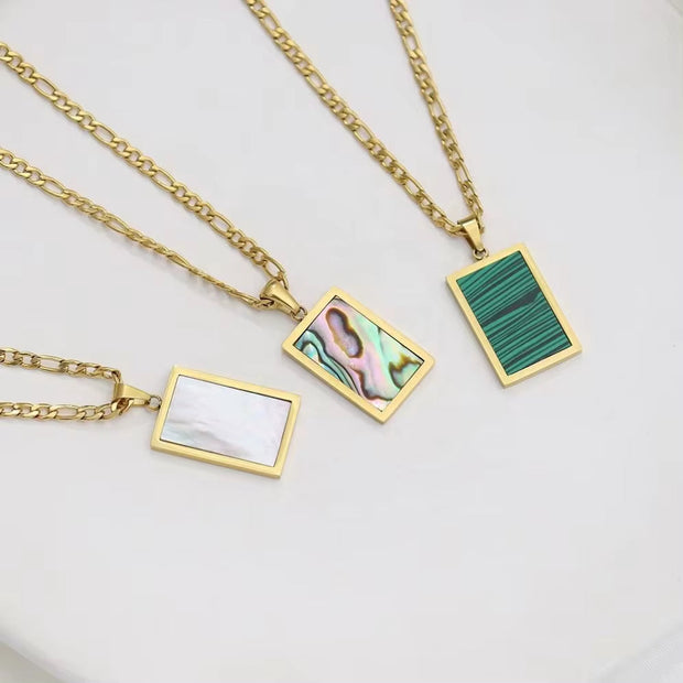 Tarnish Free Square Pendant 18K Gold Plating White & Green & Abalone Shell Figaro Chain Stainless Steel Necklace