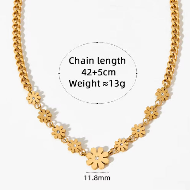 18K Gold Plated Stainless Steel Cuban Chain Jewelry Gift Daisy Flower Pendants Choker Necklace for Women