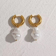 Vintage Baroque Pearl Charms Hypoallergenic Tarnish Free Stainless Steel Gold Hoop Earrings for Women