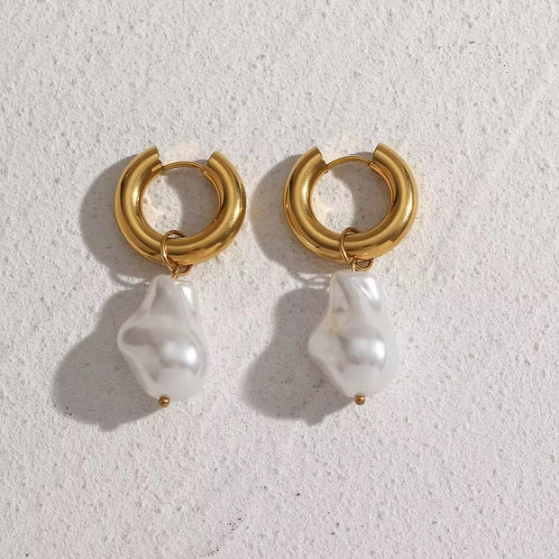 Vintage Baroque Pearl Charms Hypoallergenic Tarnish Free Stainless Steel Gold Hoop Earrings for Women