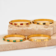 18K Gold Plated Green Cubic Zirconia Bezel Setting Dainty Stainless Steel Bangles for Women as Gift