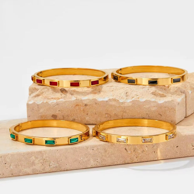 18K Gold Plated Green Cubic Zirconia Bezel Setting Dainty Stainless Steel Bangles for Women as Gift