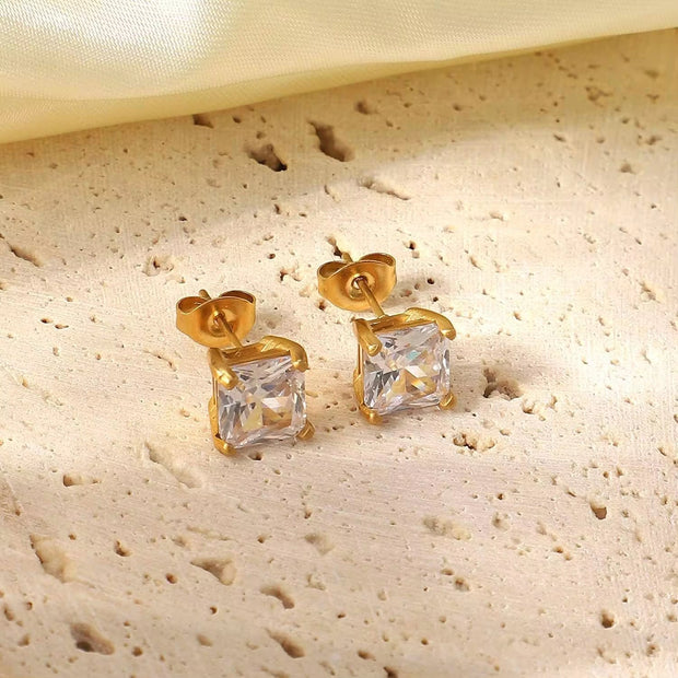 18K Gold Plated Stainless Steel Jewelry Gift Square Earrings Colorful Cubic Zirconia Stud Earrings