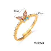 18K Gold Plated Stainless Steel Adjustable Zircon Butterfly Rings for Women Non Tarnish Jewelry