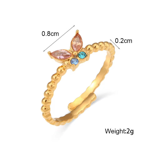18K Gold Plated Stainless Steel Adjustable Zircon Butterfly Rings for Women Non Tarnish Jewelry