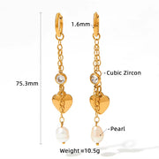 18K Gold 316 Stainless Steel Chain Link Natural Pearl Heart Long Drop Dangle Earrings for Women Waterproof Jewelry