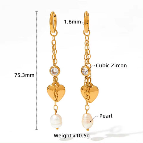 18K Gold 316 Stainless Steel Chain Link Natural Pearl Heart Long Drop Dangle Earrings for Women Waterproof Jewelry
