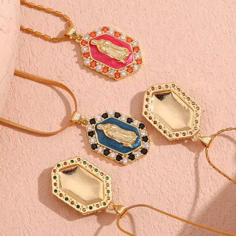 Valentine'S Day Jewelry Shining Zircon Virgin Mary Enamel Necklace Gold Plated Jewelry Stainless Steel Pendant Necklace