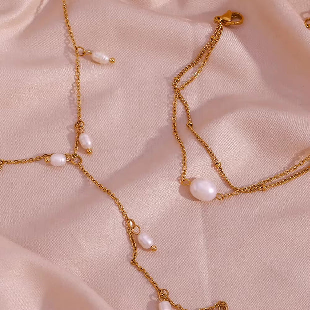 Valentines Fresh Water Pearls Tassel Necklace 18K Gold Plated Stainless Steel Chain Charm Necklace