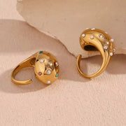 Water Drop Open Ring Colorful Crystal Rhinestone Pearl Ring Gold Plated Jewelry Stainless Steel Jewelry Custom