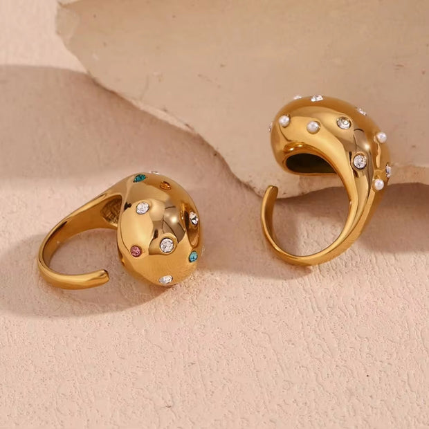 Water Drop Open Ring Colorful Crystal Rhinestone Pearl Ring Gold Plated Jewelry Stainless Steel Jewelry Custom