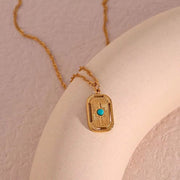 Vintage Tarnish Free Square Sunburst Turquoise Pendant Necklace 18K Gold Plated Stainless Steel Necklace