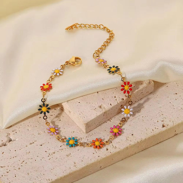 18K Gold Plated Stainless Steel Bracelets for Women Colorful Daisy Chain Bracelet for Women