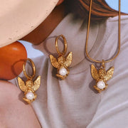 Vintage Pearl Angel Pendant Necklace and Earring Set Gold Plated Stainless Steel Jewelry Set