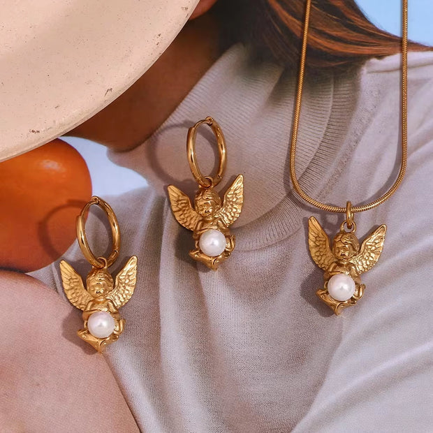 Vintage Pearl Angel Pendant Necklace and Earring Set Gold Plated Stainless Steel Jewelry Set