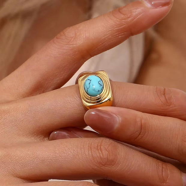 Vintage Water Proof Jewelry Gemstone Signet Rings PVD Gold Plated Stainless Steel Statement Ring