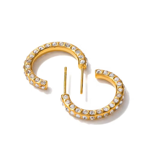 Waterproof 18K Gold Plated CZ Stone Earring Stainless Steel Pave Clear Cubic Zirconia CC Hoop Earring for Girls