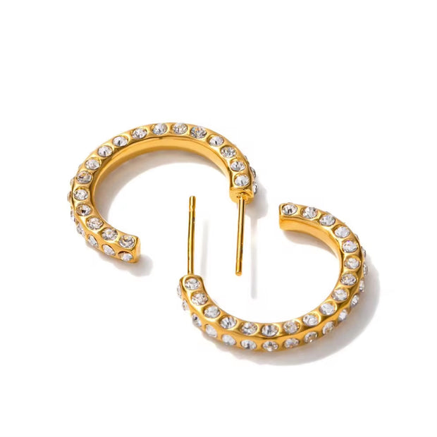 Waterproof 18K Gold Plated CZ Stone Earring Stainless Steel Pave Clear Cubic Zirconia CC Hoop Earring for Girls
