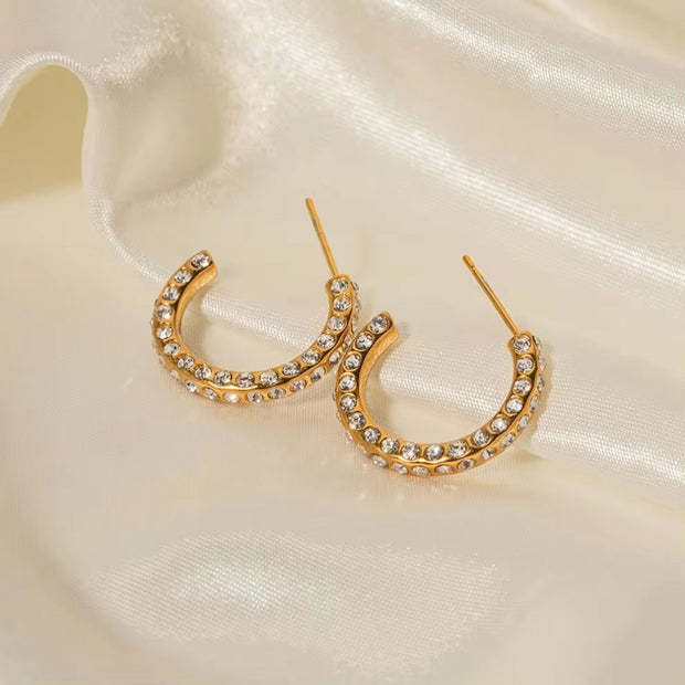 Waterproof 18K Gold Plated CZ Stone Earring Stainless Steel Pave Clear Cubic Zirconia CC Hoop Earring for Girls