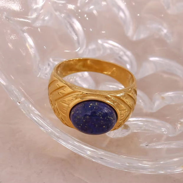 Vintage Dome Ring Engraved Gemstone Rings PVD Gold Plated Stainless Steel Statement Ring