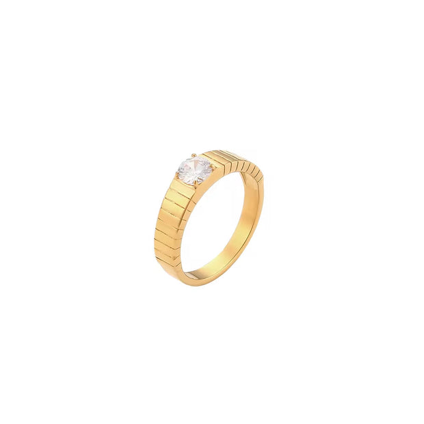 Trendy Fashion Vertical Stripes Claw Setting CZ Cubic Zirconia Stainless Steel Women Gold Rings