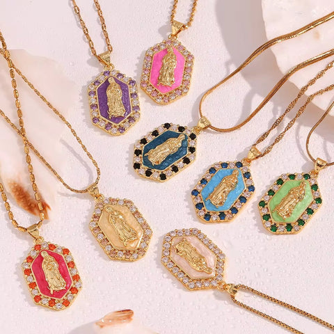 Valentine'S Day Jewelry Shining Zircon Virgin Mary Enamel Necklace Gold Plated Jewelry Stainless Steel Pendant Necklace