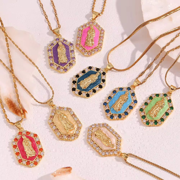 Valentine'S Day Jewelry Shining Zircon Virgin Mary Enamel Necklace Gold Plated Jewelry Stainless Steel Pendant Necklace