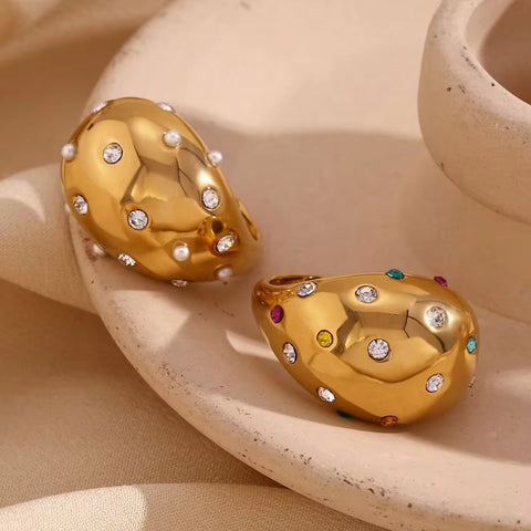 Water Drop Open Ring Colorful Crystal Rhinestone Pearl Ring Gold Plated Jewelry Stainless Steel Jewelry Custom