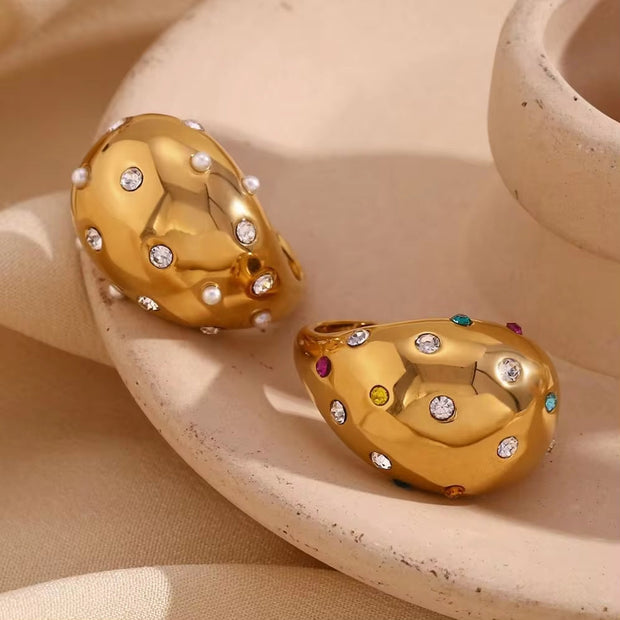 Water Drop Open Ring Colorful Crystal Rhinestone Pearl Ring Gold Plated Jewelry Stainless Steel Jewelry Custom
