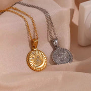 Vintage round Sunburst Texture Moon Star Zircon Pendant Necklace Stainless Steel Necklace Design Jewelry